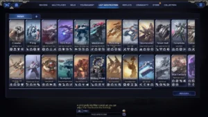 Panel modyfikacji jednostek w Mechabellum &ndash; siatka portret&oacute;w r&oacute;żnych mech&oacute;w i pojazd&oacute;w bojowych, podzielonych na kategorie według typu i roli bojowej; na g&oacute;rze menu nawigacyjne z zakładkami tryb&oacute;w gry.