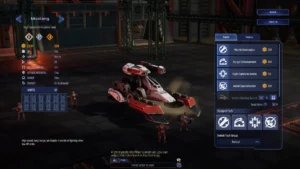 Ekran personalizacji jednostki Mustang w Mechabellum &ndash; na środku widoczny futurystyczny, szybki czołg z czerwonymi akcentami, otoczony żołnierzami; po lewej stronie szczeg&oacute;łowe statystyki pojazdu, po prawej dostępne ulepszenia technologiczne.