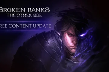 Grafika promocyjna do gry Broken Ranks z dodatkiem „The Other Side”. Po lewej stronie widnieje biały napis: „BROKEN RANKS THE OTHER SIDE” oraz „FREE CONTENT UPDATE” na ciemnofioletowym tle z delikatnymi efektami świetlnymi. Po prawej stronie znajduje się mroczna, klimatyczna postać w ciemnej zbroi, otoczona fioletową mgłą i cieniami. Całość utrzymana jest w ciemnej, tajemniczej stylistyce fantasy.