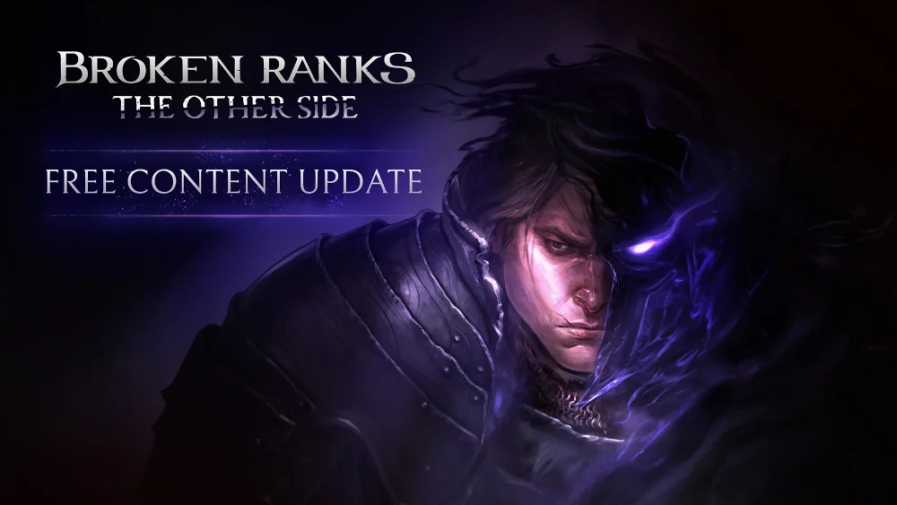 Grafika promocyjna do gry Broken Ranks z dodatkiem „The Other Side”. Po lewej stronie widnieje biały napis: „BROKEN RANKS THE OTHER SIDE” oraz „FREE CONTENT UPDATE” na ciemnofioletowym tle z delikatnymi efektami świetlnymi. Po prawej stronie znajduje się mroczna, klimatyczna postać w ciemnej zbroi, otoczona fioletową mgłą i cieniami. Całość utrzymana jest w ciemnej, tajemniczej stylistyce fantasy.