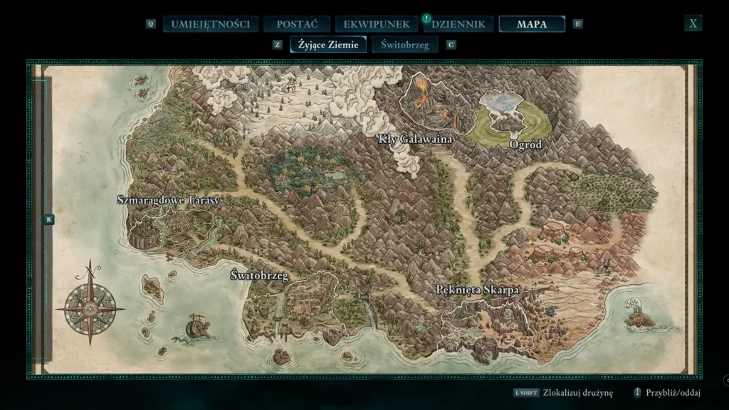 Mapa świata gry Avowed przedstawiająca region Żyjących Ziem ze Świtobrzegiem. Na stylizowanej, ręcznie rysowanej mapie w odcieniach brązu i zieleni widoczne są główne lokacje: Szmaragdowe Tarasy na zachodnim wybrzeżu, centralnie położony Świtobrzeg, Kły Galawaina na północy z widocznym wulkanem, Ogród na północnym wschodzie oraz Pęknięta Skarpa na wschodzie. Mapa utrzymana jest w stylistyce fantasy z ozdobnym kompasem w lewym dolnym rogu i górskim, wyspiarskim krajobrazem. Interfejs gry widoczny jest u góry ekranu z opcjami nawigacji takimi jak Umiejętności, Postać, Ekwipunek, Dziennik i Mapa.