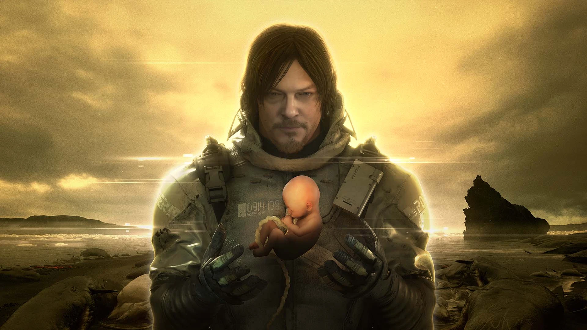 Okładka gry Death Stranding, złote tło, na któym wyróżnia się Sam oraz jego ŁD