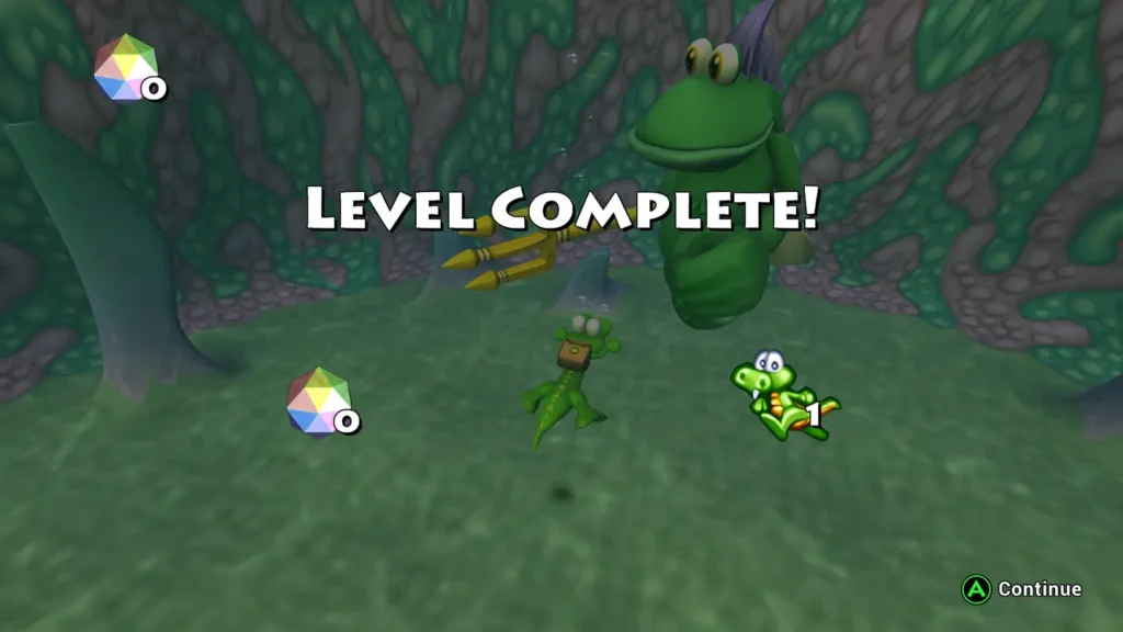 Zrzut ekeanu z gry Croc: Legend of the Gobbos. Obraz, który informuje nas o skończeniu poziomu. W tle Croc i jeden z bossów - Neptuna.