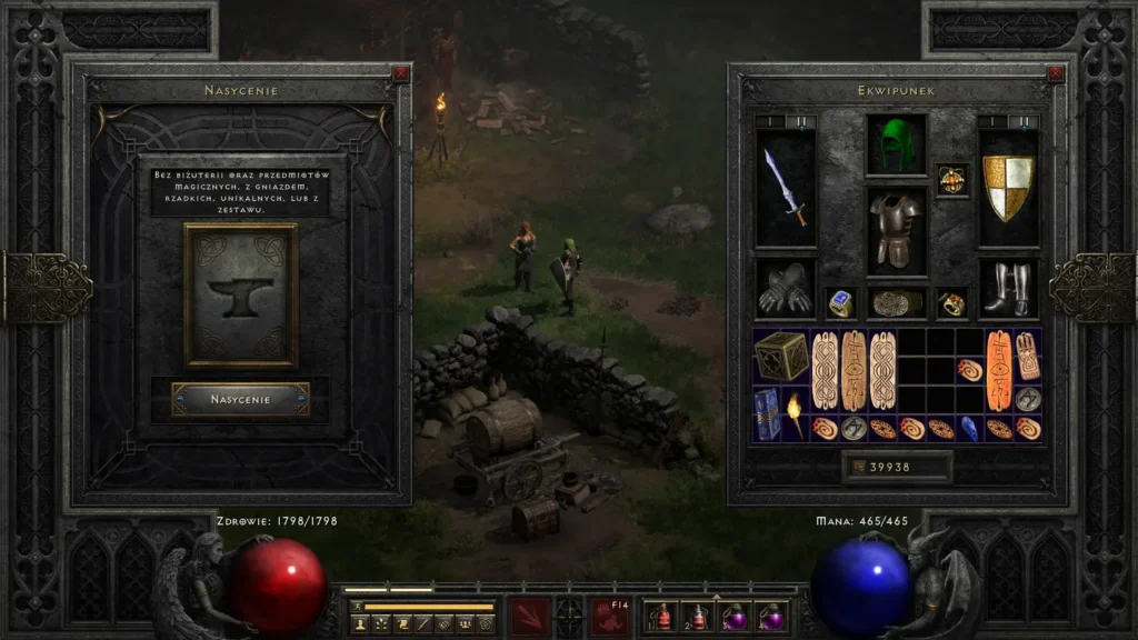 Zrzut ekranu przedstawia interfejs ekwipunku oraz okno nasycania przedmiotów w Diablo 2: Resurrected. Widać tu szczegółowo wyposażenie postaci, przedmioty w plecaku oraz opcję nasycenia, która pozwala ulepszać wybrane elementy ekwipunku. Całość utrzymana jest w klimatycznej, mrocznej stylistyce gry