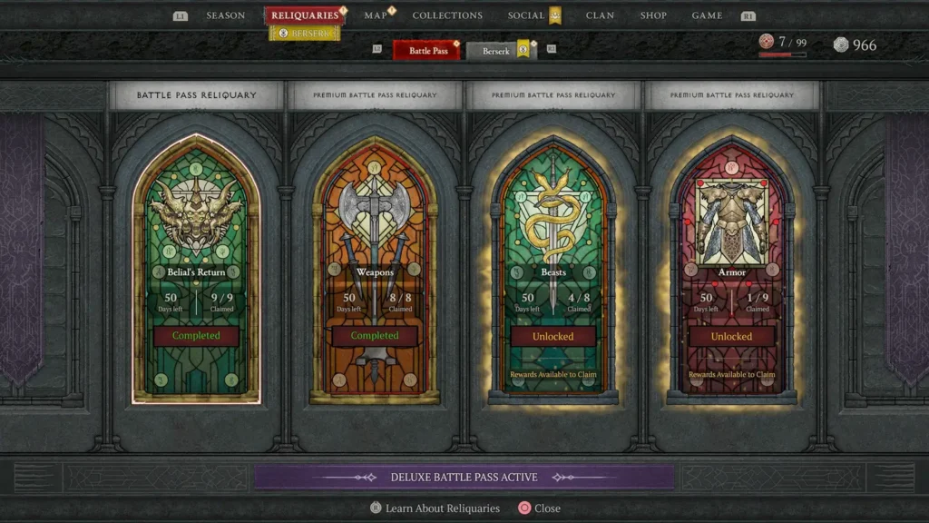 Ekran prezentuje zakładkę Reliquiariów w Karnetach Bojowych Diablo IV. Widać cztery kategorie reliquiariów: Powrót Beliala, Broń, Bestie oraz Pancerz. Każda z nich pokazuje postęp gracza w zdobywaniu nagród sezonowych, liczbę odebranych nagród oraz informację o dostępności kolejnych. Grafika ilustruje system nagród i progresji w sezonowym Karnetcie Bojowym gry.