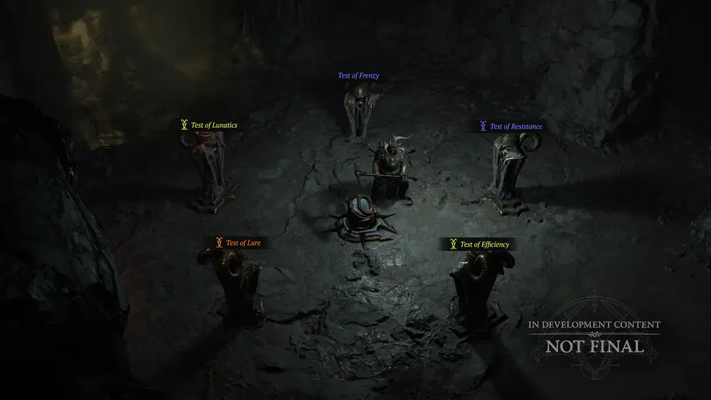 Obraz przedstawia piedestały z wyborem affixów w Horadric Strongrooms Diablo IV.