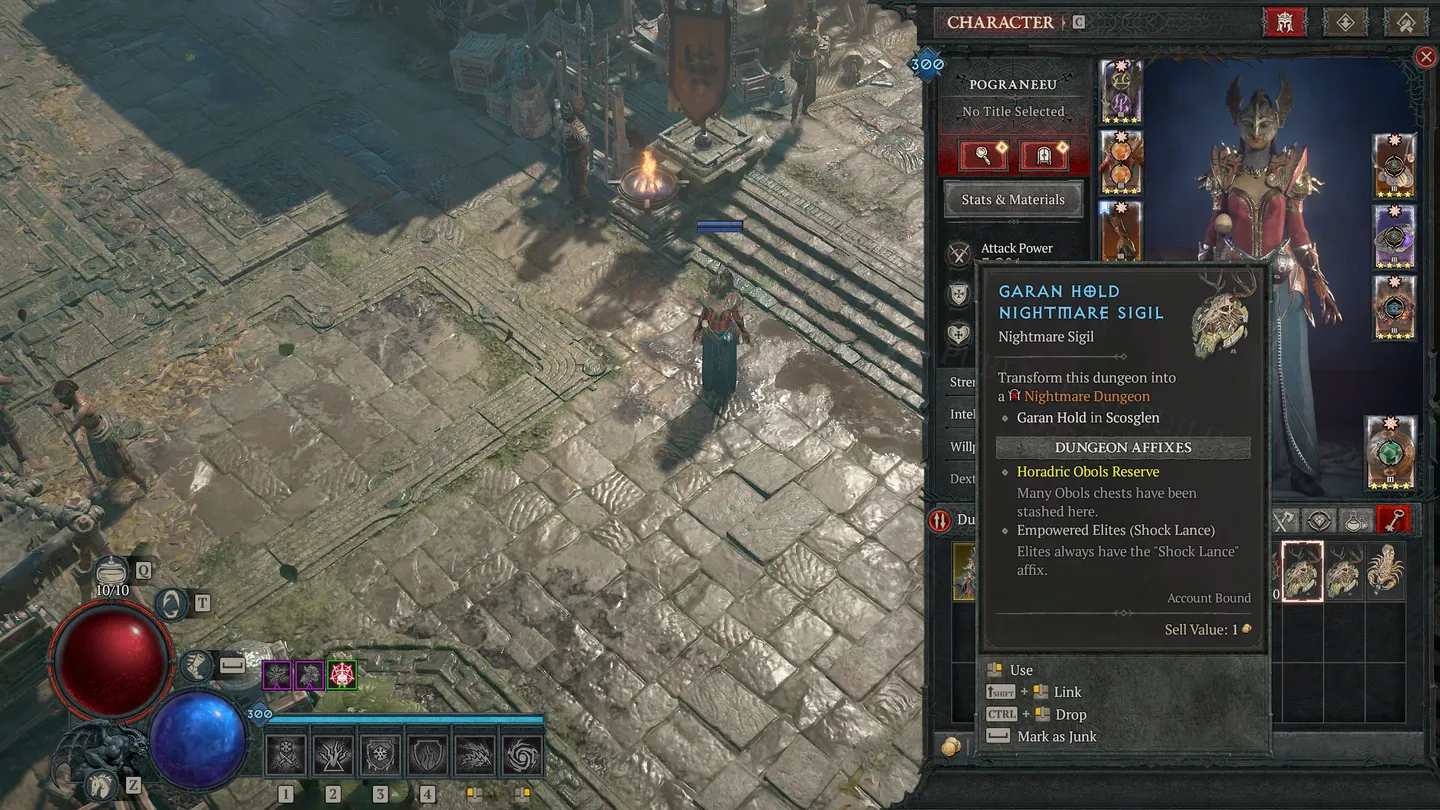 Panel postaci z wyświetlonym przedmiotem &bdquo;Garan Hold Nightmare Sigil&rdquo;. Grafika prezentuje szczeg&oacute;ły dotyczące przekształcania lochu w Koszmarny Loch oraz dostępnych afiks&oacute;w lochu.