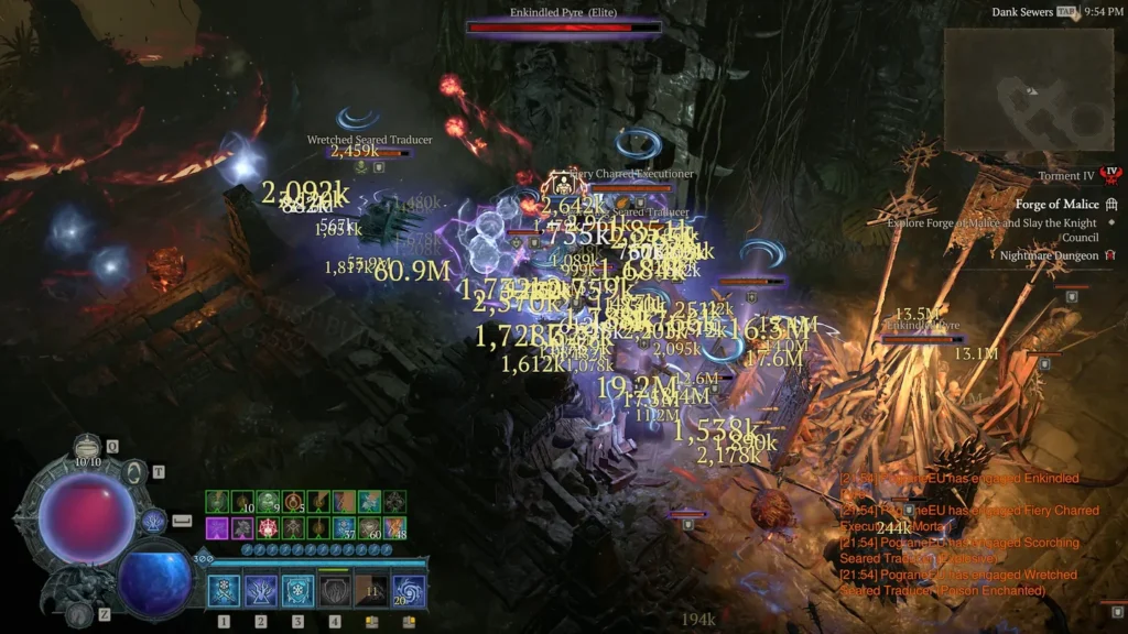 Intensywna walka z elitarnymi przeciwnikami w lochach Sanktuarium. Na ekranie widać ogromne liczby obrażeń oraz efekty specjalne umiejętności postaci, co podkreśla dynamiczną akcję w Diablo IV