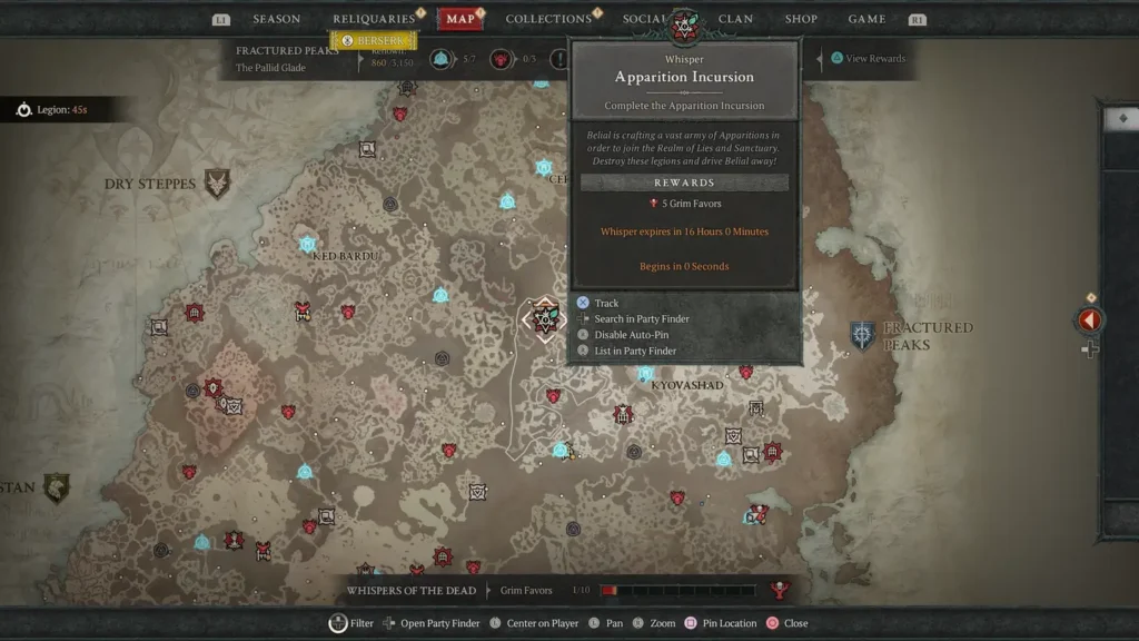 Mapa świata z zaznaczoną aktywnością „Apparition Incursion”. Okno misji pokazuje nagrody oraz czas pozostały do zakończenia wydarzenia sezonowego.