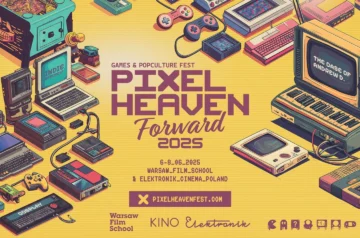 Oficjalny plakat Pixel Heaven 2025 – Games & Popculture Fest. Kolorowa grafika z motywami retro, przedstawiająca klasyczne konsole, komputery i gry. W centrum widnieje data wydarzenia: 6-8 czerwca 2025, miejsce: Warsaw Film School & Elektronik Cinema w Warszawie.