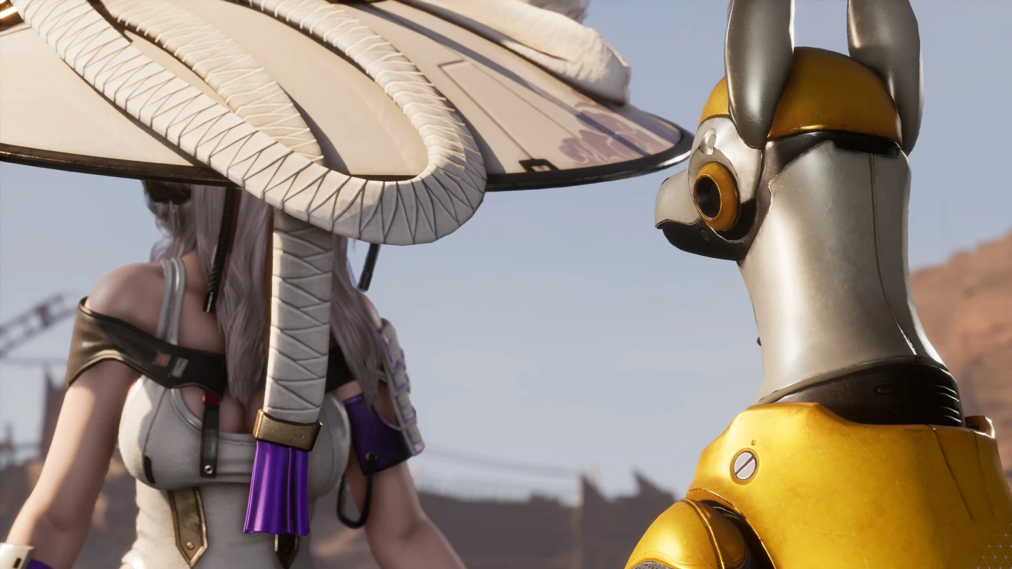 Zbliżenie na postać z dodatku crossovrowego oraz towarzyszącego jej robota-psa.