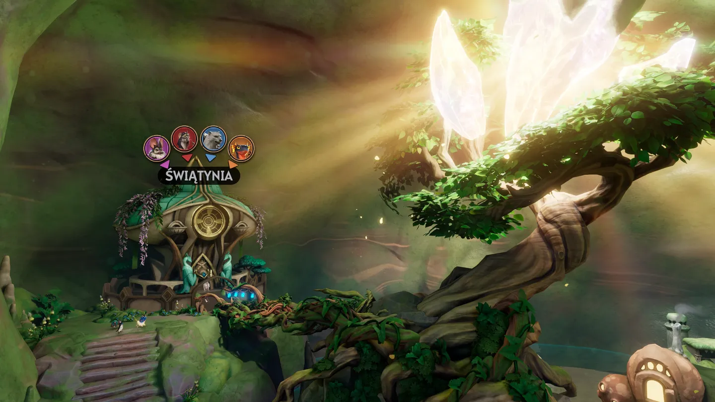 Malowniczy widok na świątynię ukrytą wśr&oacute;d drzew i magicznych kryształ&oacute;w. Promienie światła przebijają się przez liście, podkreślając bajkową atmosferę świata Sunderfolk.