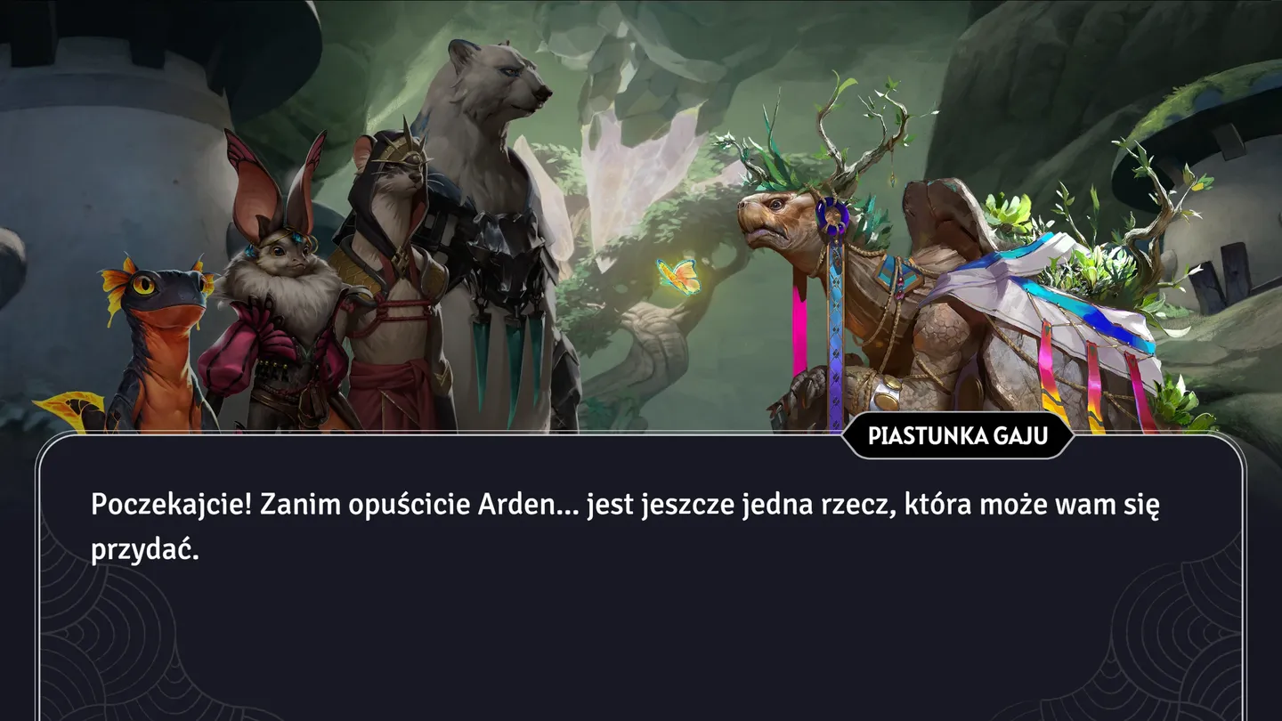 Grupa antropomorficznych bohater&oacute;w spotyka Piastunkę Gaju w magicznym lesie. Barwne postacie i bujna roślinność tworzą baśniowy klimat, a dialog sugeruje ważny moment fabularny.