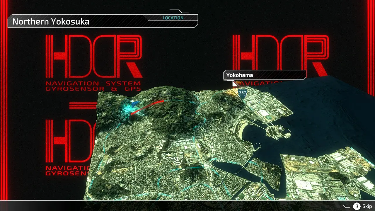 Tutaj wyświetlona jest tr&oacute;jwymiarowa mapa p&oacute;łnocnej części Yokosuki z zaznaczoną trasą do Yokohamy. Na tle znajdują się czerwone napisy HDR Navigation System, a mapa służy do wyboru nowego celu albo śledzenia postęp&oacute;w drużyny między misjami.