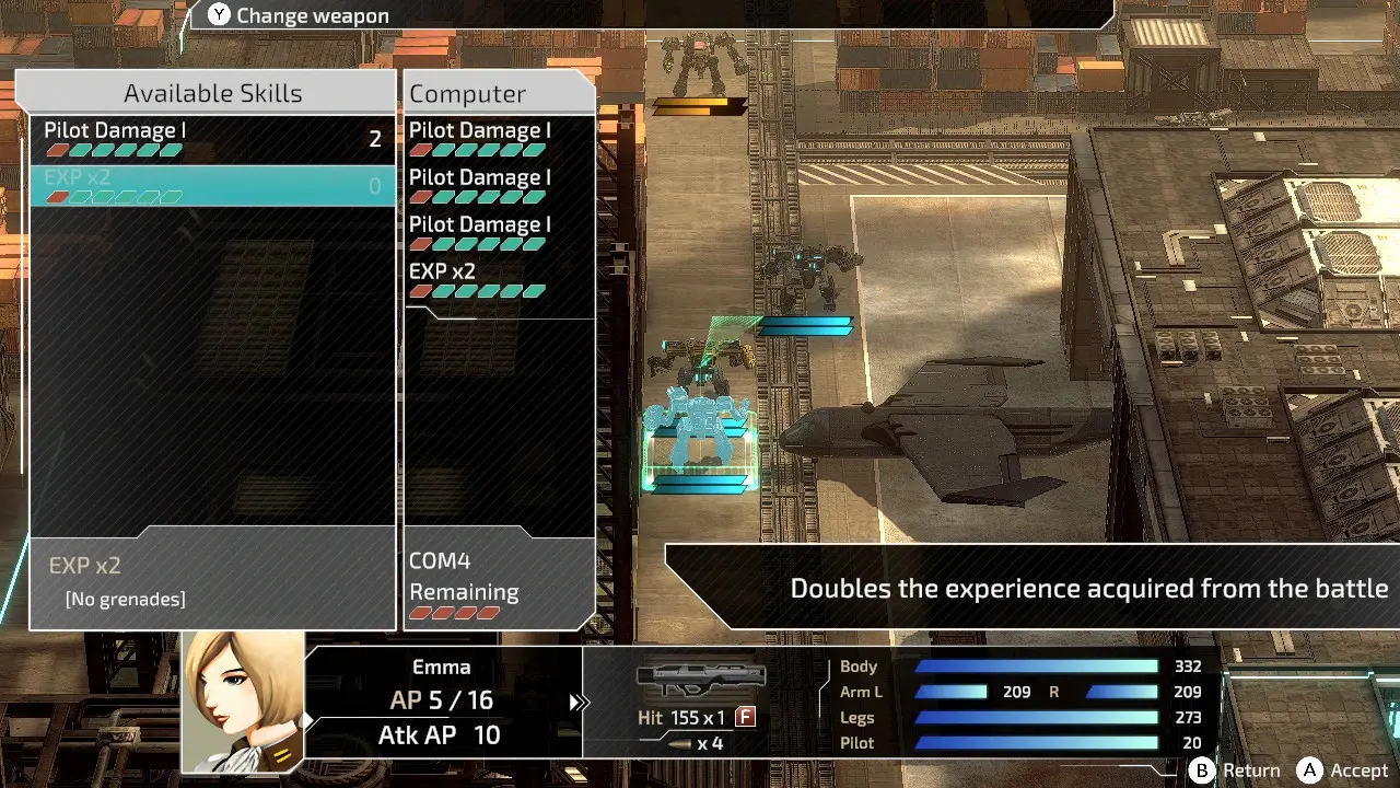 Ten obrazek ukazuje widok taktyczny z lotu ptaka na arenę walki wśr&oacute;d miejskich magazyn&oacute;w. Po lewej stronie ekranu pokazane jest menu dostępnych umiejętności (m.in. Pilot Damage, EXP x2), z możliwością ich wyboru podczas tury. Po prawej &ndash; informacja o efektach danej umiejętności, np. podwojenie zdobywanego doświadczenia. Dolny panel prezentuje szczeg&oacute;ły wybranej postaci, takie jak aktualne punkty akcji oraz stan poszczeg&oacute;lnych części wanzera.