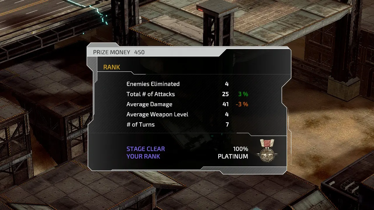 Widoczny jest szczeg&oacute;łowy podsumowanie zakończonej misji. W centrum ekranu pojawia się ciemnopopielate okno z wynikami: liczba wyeliminowanych przeciwnik&oacute;w, liczba atak&oacute;w, średnie obrażenia, poziom broni oraz liczba tur. Po prawej znajduje się medal i informacja o zdobytej randze &ndash; w tym przypadku &bdquo;PLATINUM&rdquo; przy 100% ukończenia. Na g&oacute;rze określona jest nagroda pieniężna za misję, co motywuje do dalszego progresu w kampanii.