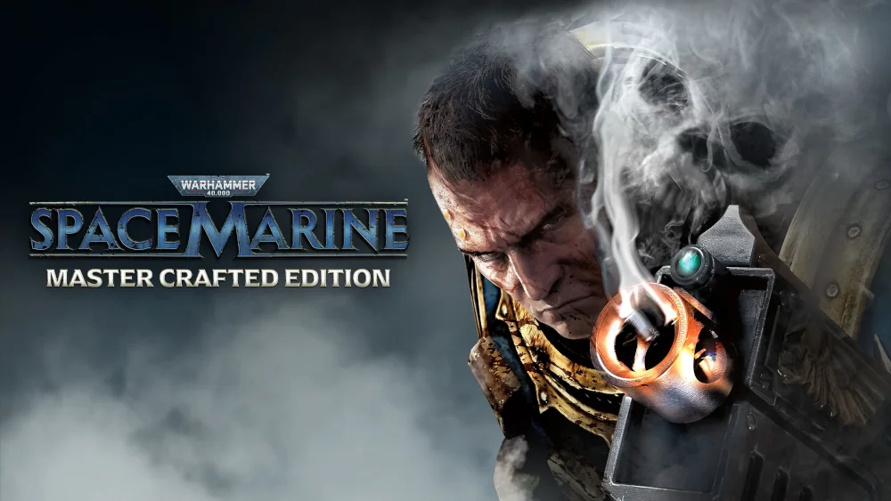 Warhammer 40000 Space Marine Master Crafted Edition – kosmiczny marine w niebieskim pancerzu z bolterem, z którego lufy unosi się dym