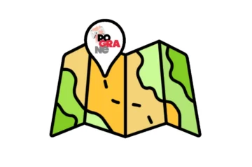 Kolorowa mapka z pinezką, w której znajduje się logo serwisu Pograne