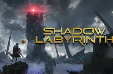 Ciemne, tajemnicze krajobrazy gry Shadow Labyrinth z imponującą wieżą otoczoną chmurami i surrealistycznymi strukturami. Postać w kapturze z mieczem stoi na skale, gotowa do eksploracji. Neonowe światła i futurystyczne elementy tworzą atmosferę science fiction. Idealne dla fanów gier RPG, fantastyki i epickich przygód. Odkryj Shadow Labyrinth