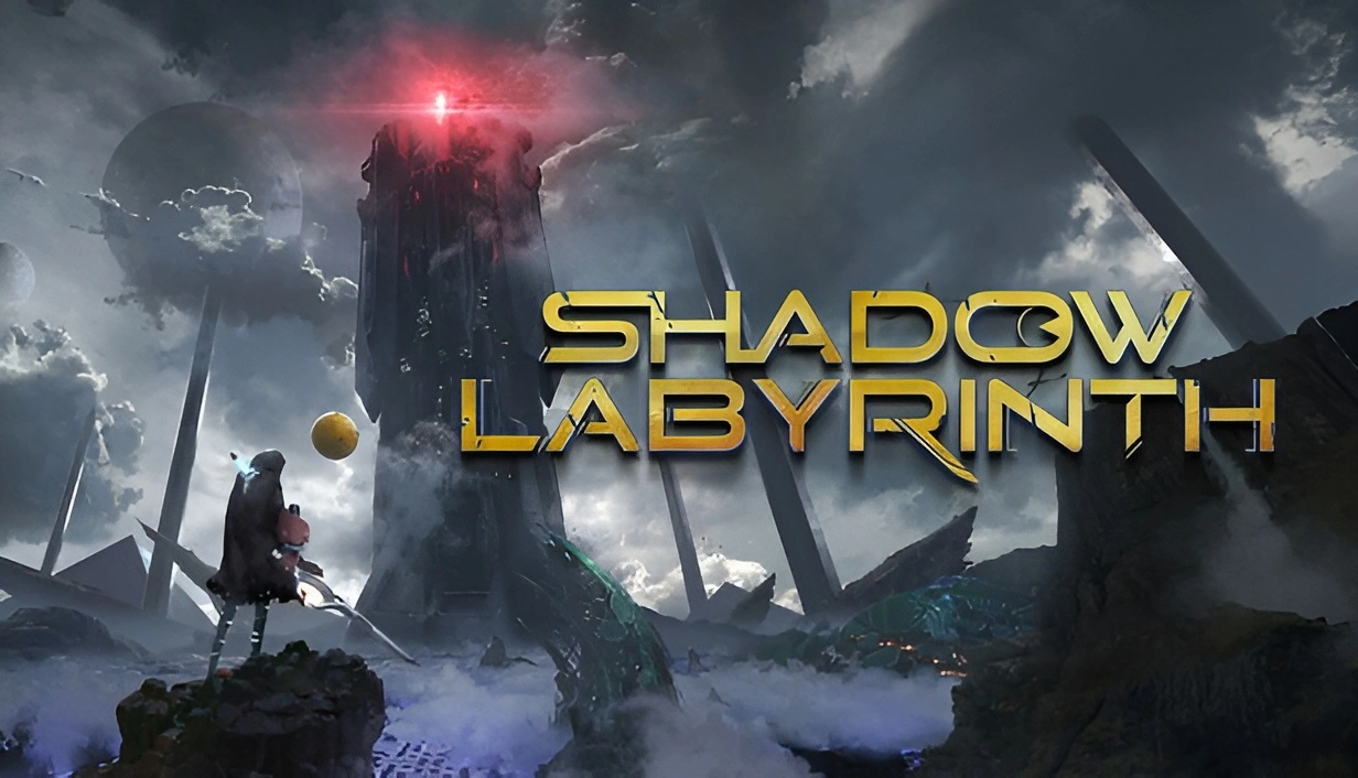 Ciemne, tajemnicze krajobrazy gry Shadow Labyrinth z imponującą wieżą otoczoną chmurami i surrealistycznymi strukturami. Postać w kapturze z mieczem stoi na skale, gotowa do eksploracji. Neonowe światła i futurystyczne elementy tworzą atmosferę science fiction. Idealne dla fanów gier RPG, fantastyki i epickich przygód. Odkryj Shadow Labyrinth