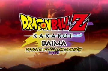 Ekran tytułowy dodatku do gry „Dragon Ball Z: Kakarot” o nazwie „DAIMA: Przygoda w Królestwie Demonów – Część 1”. Tło przedstawia mroczną, burzową scenerię z czerwonym niebem i sylwetkami demonów.