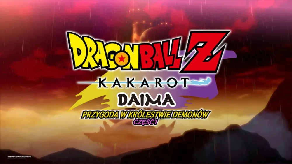 Ekran tytułowy dodatku do gry „Dragon Ball Z: Kakarot” o nazwie „DAIMA: Przygoda w Królestwie Demonów – Część 1”. Tło przedstawia mroczną, burzową scenerię z czerwonym niebem i sylwetkami demonów.