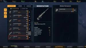 Menu produkcji wyświetla bogaty katalog sprzętu bojowego, umożliwiając wytwarzanie broni palnej i amunicji. Każdy przedmiot posiada dokładny opis statystyk, takich jak obrażenia, zasięg oraz czas produkcji. Po prawej stronie ekranu widnieje aktualna kolejka produkcyjna, informująca o czasie pozostałym do ukończenia obecnie zamawianego przedmiotu.