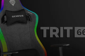 Fotel gamingowy Genesis Trit 660 RGB na ciemnym tle z wyeksponowanym logo, poduszką lędźwiową oraz efektownym podświetleniem LED RGB, obok grafiki z napisem TRIT 660.