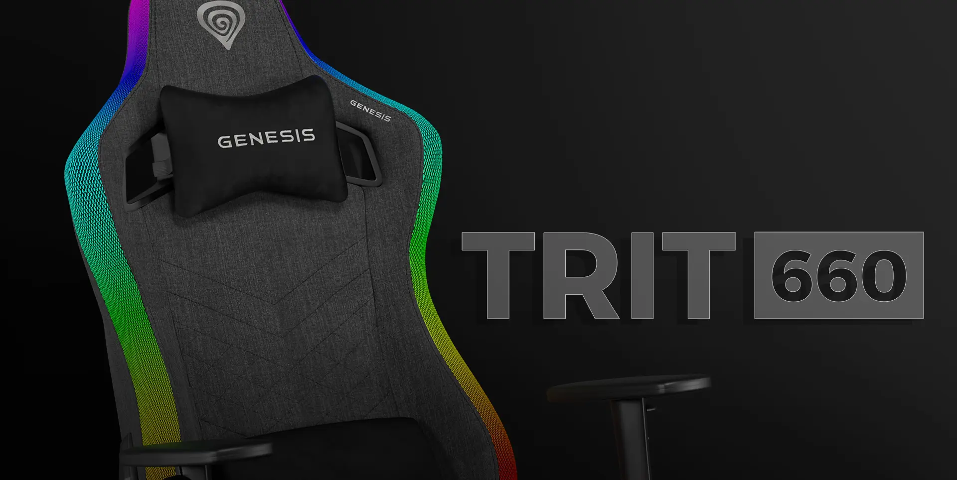 Fotel gamingowy Genesis Trit 660 RGB na ciemnym tle z wyeksponowanym logo, poduszką lędźwiową oraz efektownym podświetleniem LED RGB, obok grafiki z napisem TRIT 660.