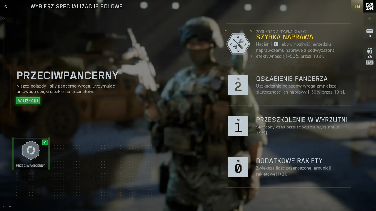 Menu wyboru specjalizacji polowych&mdash;Przeciwpancerny; opis zdolności związanych z niszczeniem pojazd&oacute;w oraz poziomy rozwoju klasy przeciwpancernej w grze Battlefield 6.