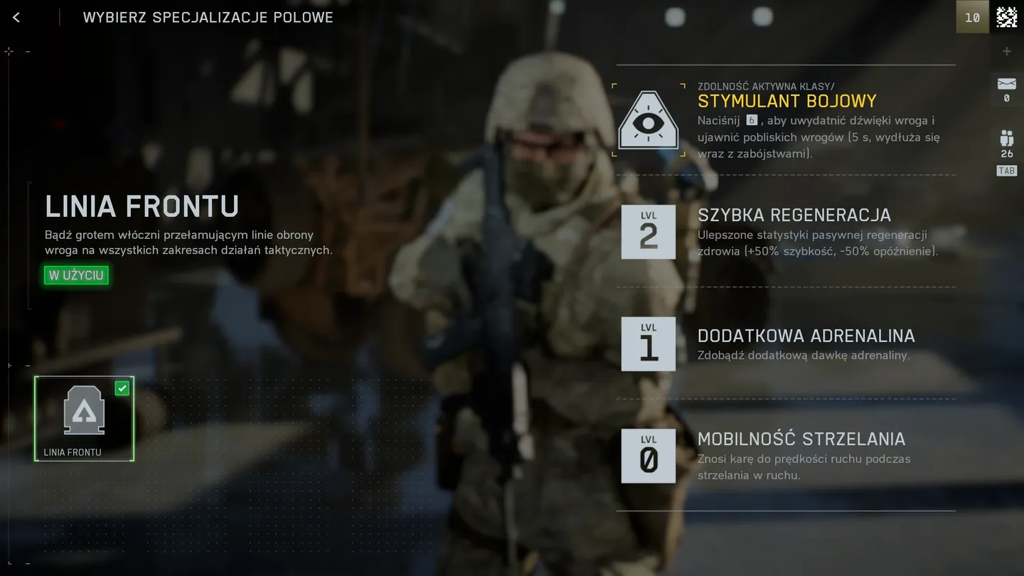Menu wyboru specjalizacji polowych&mdash;Linia Frontu; opis zdolności oraz poziomy ulepszeń klasy przełamującej linię obrony wroga w grze Battlefield 6.