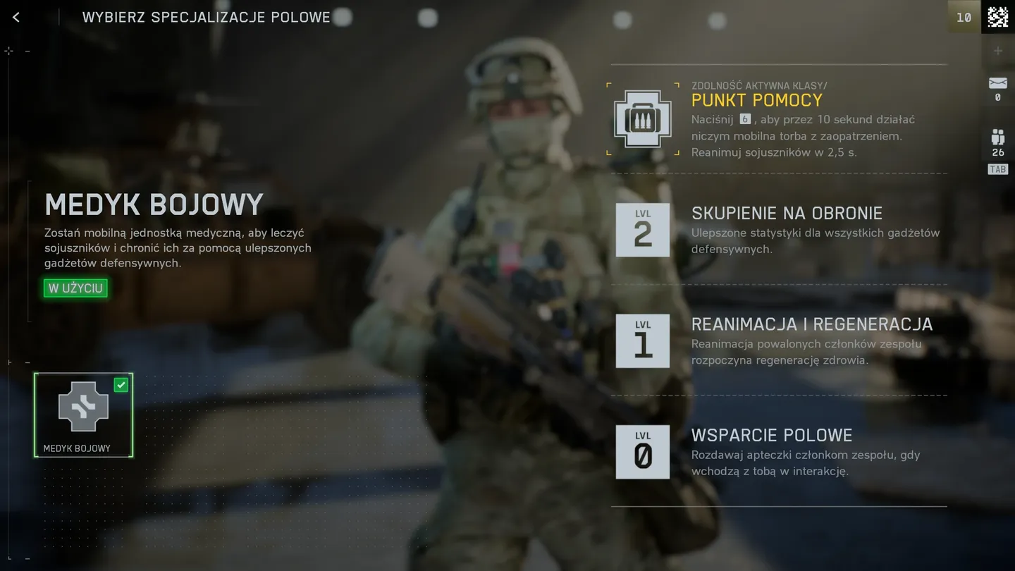 Menu wyboru specjalizacji polowych&mdash;Medyk Bojowy; opis aktywnej zdolności medyka i kolejnych poziom&oacute;w wsparcia zdrowotnego i defensywnego sojusznik&oacute;w w grze Battlefield 6.