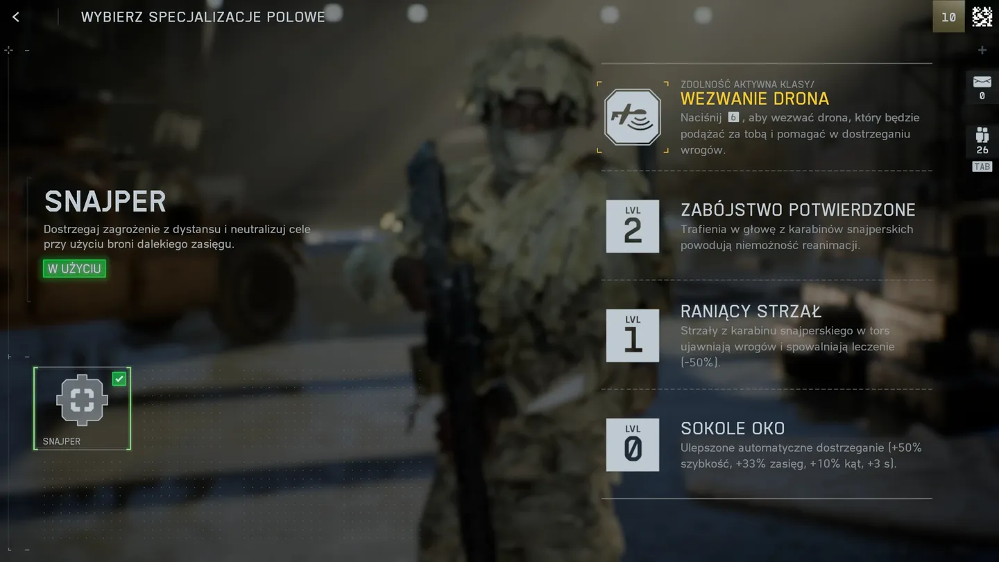 Menu wyboru specjalizacji polowych&mdash;Snajper; opis zdolności związanych z rozpoznaniem i eliminacją cel&oacute;w z dystansu, wraz z poziomami zaawansowania tej klasy w grze Battlefield 6.