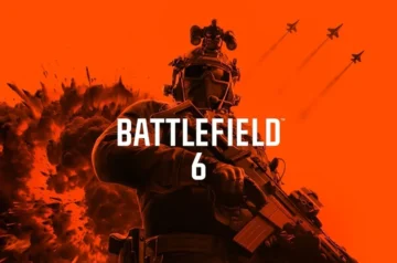 Czerwony ekran z białym napisem "BATTLEFIELD 6" w nowoczesnym stylu, z lekkim efektem zakłóceń cyfrowych.