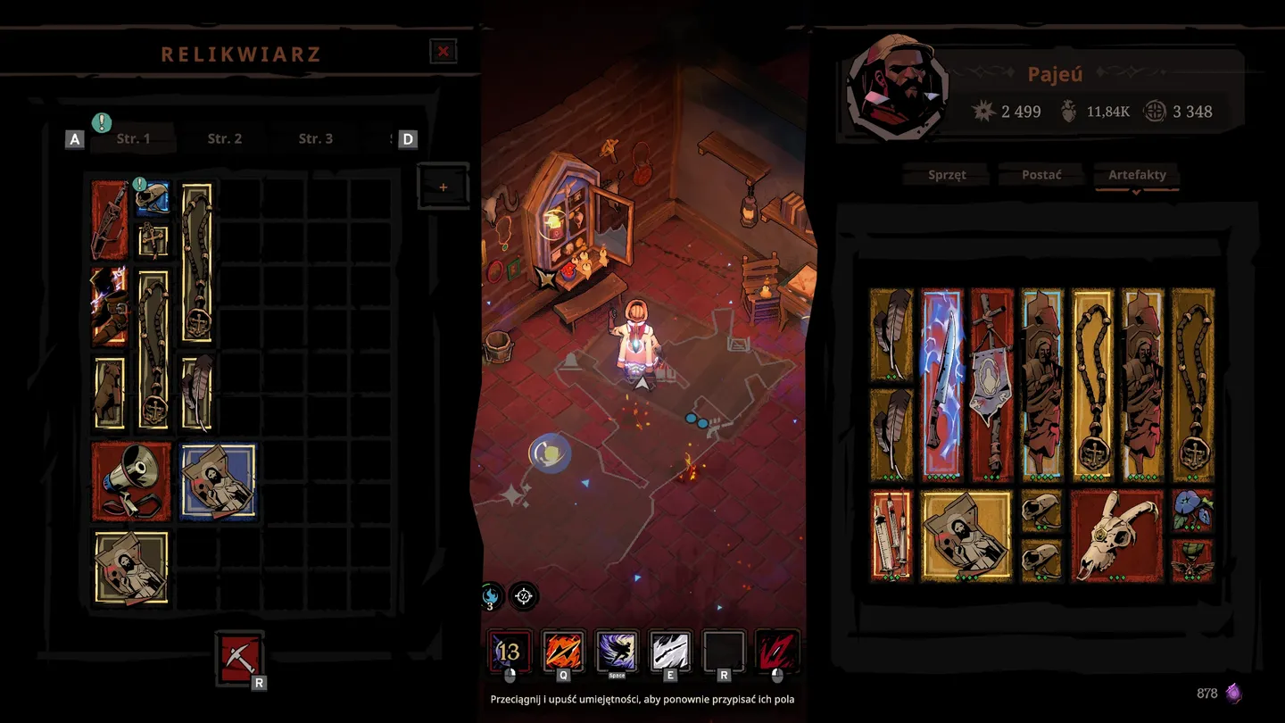Menu relikwiarza ukazuje kolekcję zdobytych artefakt&oacute;w i relikwii zaprezentowanych w pionowych slotach po obu stronach ekranu. W centrum widoczna jest postać gracza przebywająca w pomieszczeniu z wyposażeniem i p&oacute;łkami. Po prawej znajdują się statystyki oraz podsumowanie posiadanych artefakt&oacute;w.