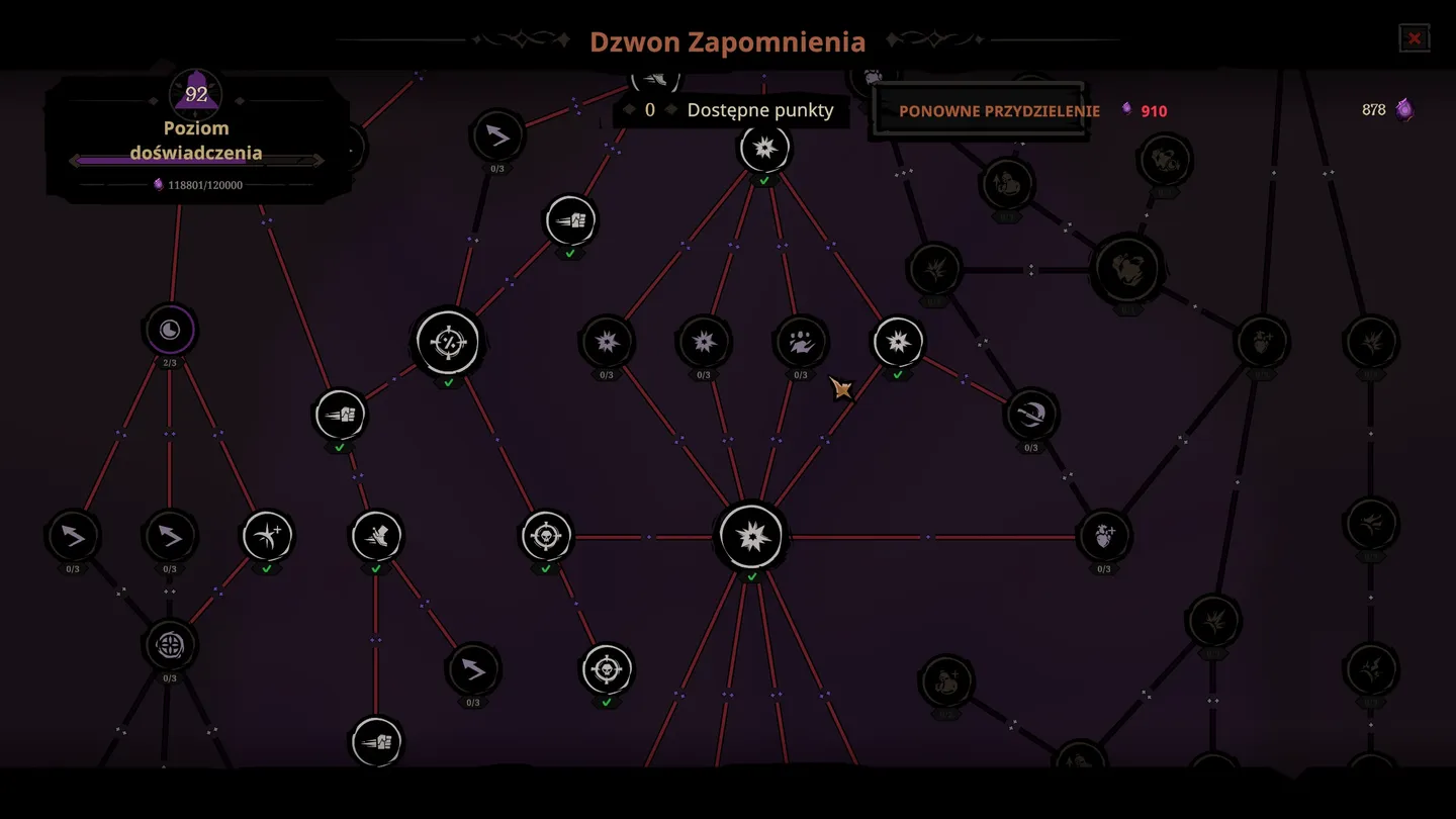 Widoczny jest rozbudowany drzewko umiejętności o nazwie Dzwon Zapomnienia, z licznymi powiązaniami rozłożonymi na ciemnym tle. Centralne okrągłe ikony reprezentują kolejne talent i możliwość ich rozwoju. Na g&oacute;rze pokazano poziom doświadczenia i dostępne punkty.