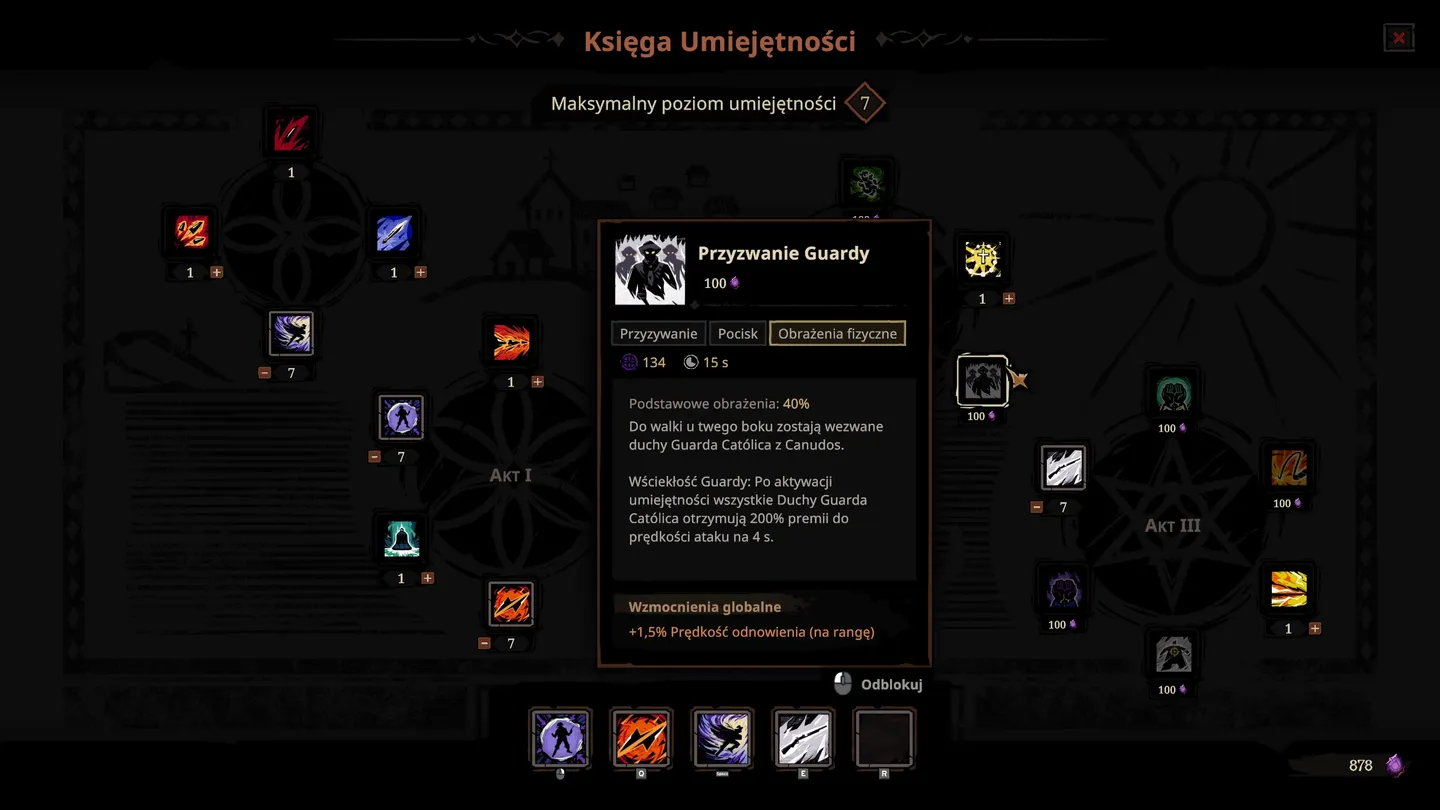 Interfejs Księgi Umiejętności prezentuje zestaw ikon odpowiadających r&oacute;żnym zdolnościom podzielonym na akty, z rozwiniętym oknem opisu wybranej umiejętności &bdquo;Przyzywanie Guardy&rdquo;. W opisie widoczne są statystyki oraz działanie zdolności. Dolny pasek zawiera dostępne zdolności do szybkiego użycia.