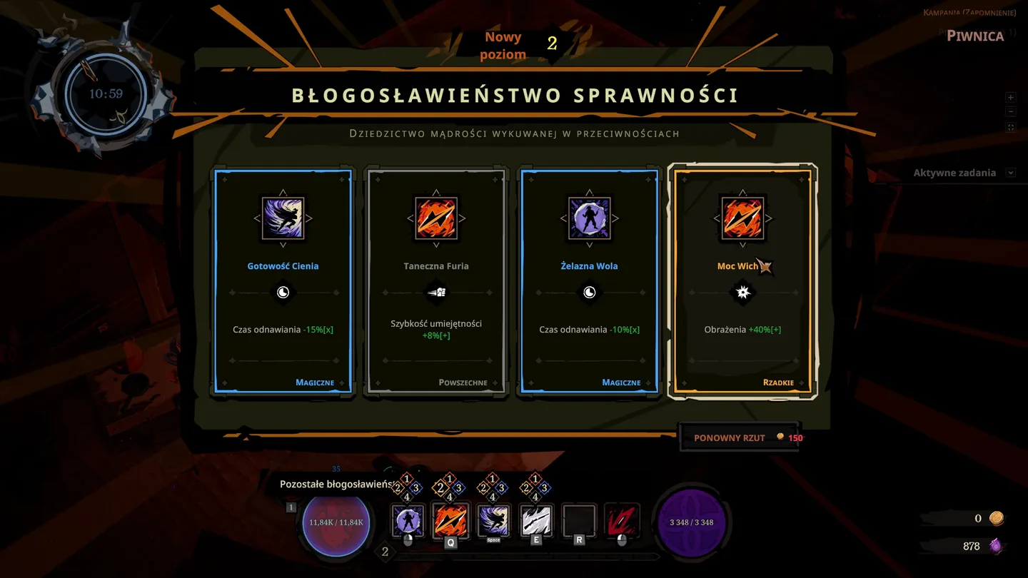 Komplet ekranu z nagrodami za zdobyty poziom prezentuje cztery karty błogosławieństw, każda z unikalnym efektem dla umiejętności. U g&oacute;ry widnieje nazwa błogosławieństwa oraz nowy poziom postaci. Na dole pokazane są aktywne zdolności i zasoby.