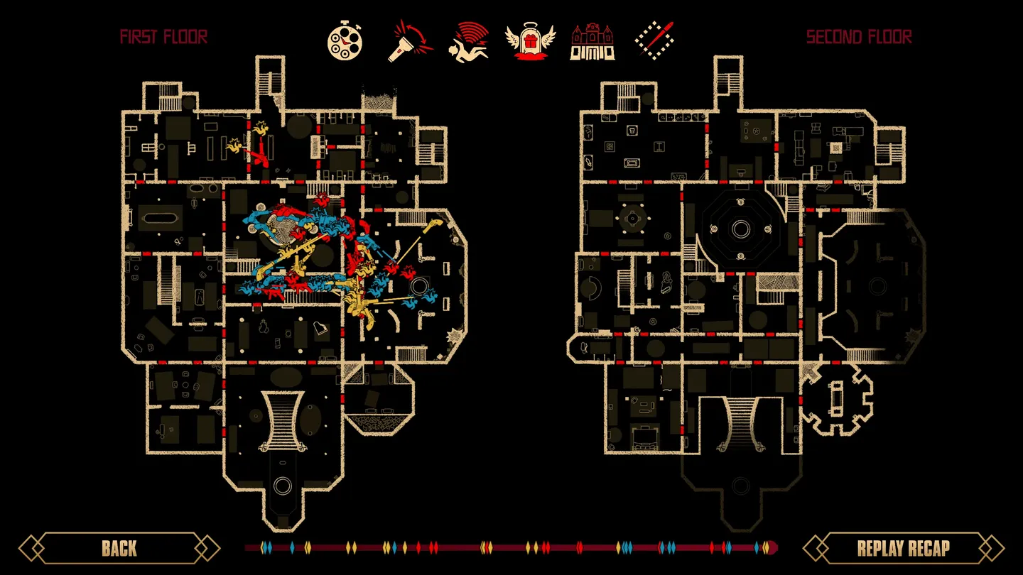 Trzeci obraz przedstawia plan rezydencji z gry Midnight Murder Club w rzucie technicznym; widoczne są dwa piętra, z zaznaczonymi na kolorowo trasami ruch&oacute;w graczy lub przeciwnik&oacute;w, ikonami r&oacute;żnych akcji i legendą na g&oacute;rze mapy.