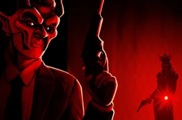 Pierwszy obraz przedstawia komiksową miniaturkę Midnight Murder Club, stylizowaną scenę w czerwono-czarnych barwach: po lewej stronie widoczny jest mężczyzna w garniturze, trzymający rewolwer, a po prawej stoi kobieta w koronie, również z bronią, celowaną w jej stronę, wokół rozchodzi się czerwone świetliste rozbłyski.
