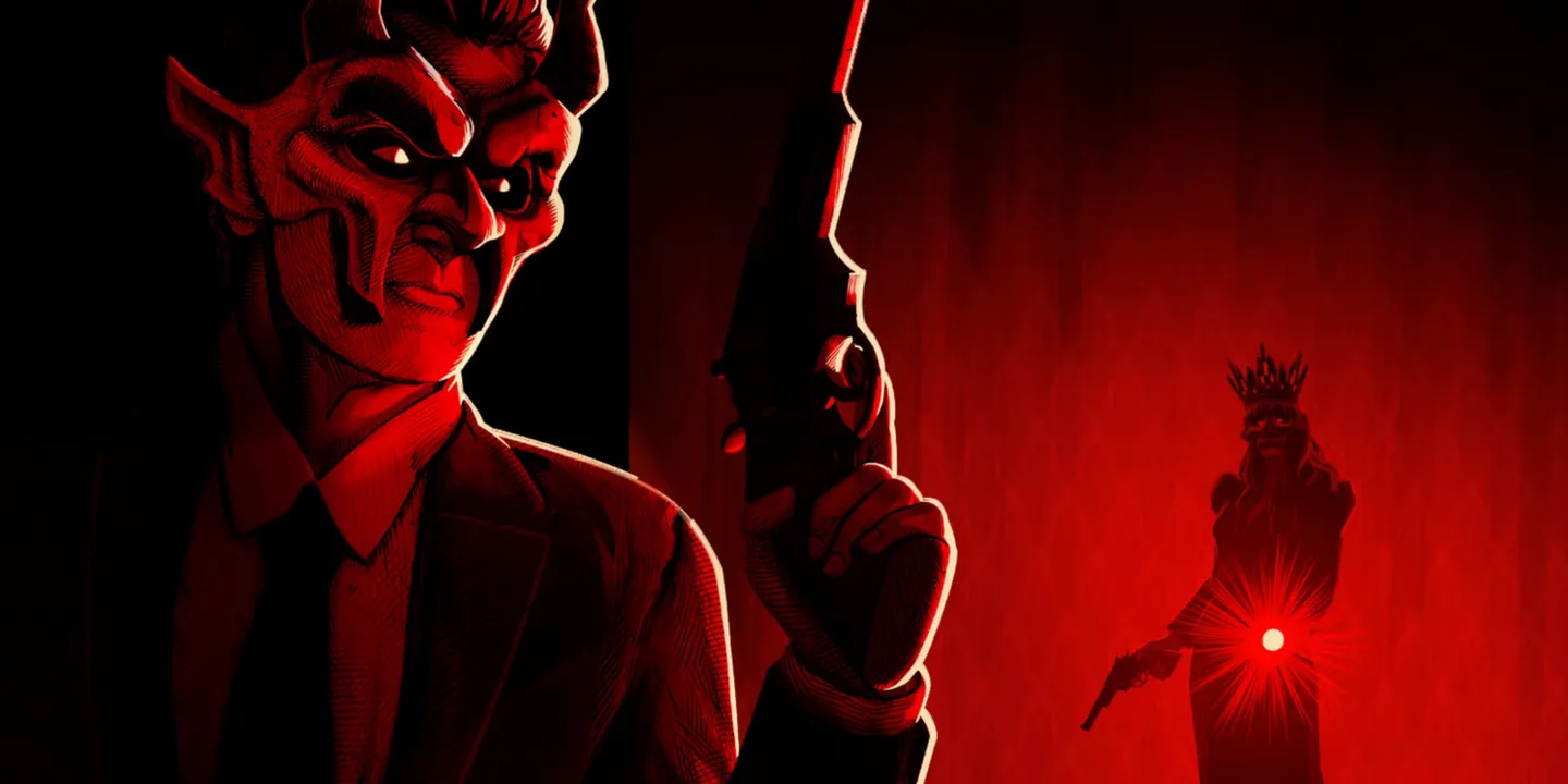 Pierwszy obraz przedstawia komiksową miniaturkę Midnight Murder Club, stylizowaną scenę w czerwono-czarnych barwach: po lewej stronie widoczny jest mężczyzna w garniturze, trzymający rewolwer, a po prawej stoi kobieta w koronie, również z bronią, celowaną w jej stronę, wokół rozchodzi się czerwone świetliste rozbłyski.