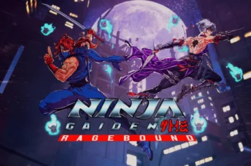 Ninja Gaiden: Ragebound - dynamiczna grafika z postaciami ninja w akcji. W tle futurystyczne miasto z oświetlonymi wieżowcami i tajemniczymi duchami. Postacie, w tym Ryu Hayabusa (w niebieskim stroju) oraz nowy bohater w purpurowym, starają się pokonać wrogów w intensywnej walce. Gra łączy klasyczne elementy serii z nowoczesnym stylem artystycznym, oferując ekscytującą akcję i widowiskowe efekty wizualne