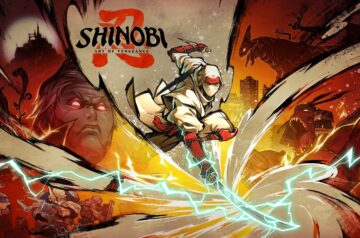 Grafika promująca grę Shinobi: Art of Vengeance, na której widać głównego bohatera - Joe Musashiego. W tle barwy czerwone, pomarańczowe oraz ciemne. Widać też antagonistę i różne stwory.