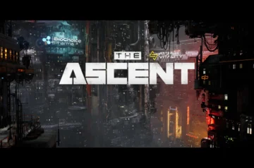 The Ascent - ekran tytułowy z widokiem na futurystyczne miasto w tle.
