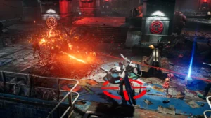 Scena walki z The Ascent, podczas kt&oacute;rej jeden z przeciwnik&oacute;w eksploduje w chmurze krwi.