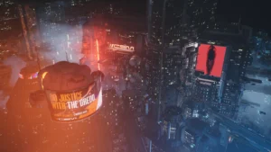 Panorama niższych warstw arkologii w The Ascent.