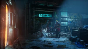 Scena z The Ascent - protagonisgta we wnętrzu opuszczonego sklepu.