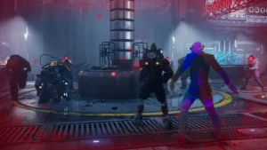 Scena walki w The Ascent z jednym z przeciwnik&oacute;w wykorzystujących kamuflaż optyczny.