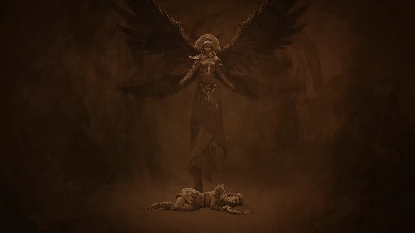 Obraz przedstawia mroczną, symbolicznie zaaranżowaną scenę: w centrum unosi się kobieca postać z dużymi, czarnymi skrzydłami, w ozdobnej aureoli i długiej szacie, przypominająca anioła lub b&oacute;stwo. Pod nią na ziemi leży bezwładnie kobieta w zbroi, pogrążona w bezsilności lub śmierci. Kompozycja utrzymana jest w odcieniach brązu, nadających całości mistyczny i dramatyczny klimat.