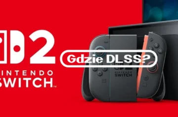 Czerwone tło z grafiką Nintendo Switch 2 i kontrolerami Joy-Con; na środku biały napis „Gdzie DLSS?” w ramce.